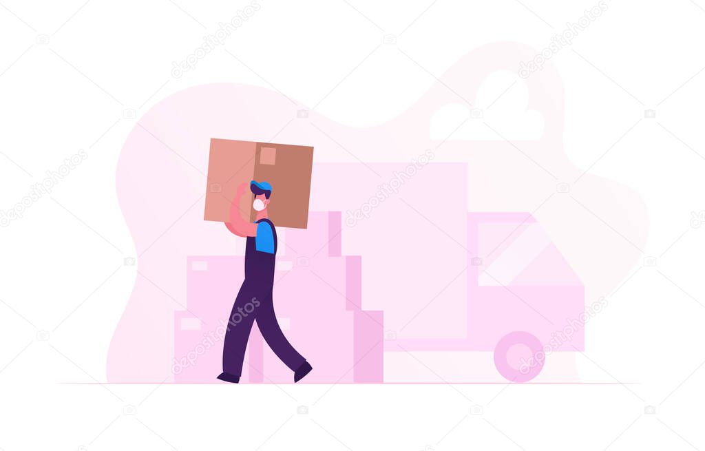 Worker Character in Medical Mask Carry Cardboard Box on Unloading Truck. Relocation and Moving into New House during Covid19 Pandemic. Delivery Company Loader Service. Cartoon Vector Illustration