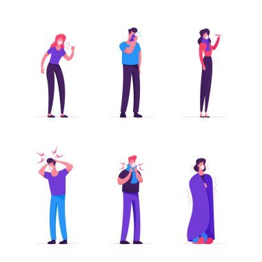 Grip veya Coronavirüs belirtileri gösteren hastalar. Tıbbi Maskelerdeki Hastalıklı Karakterler, Öksürük ve Ateşin Tedavisi, 19 Hastalık Teşhisi ve Sağlık Bakımı Konsepti. Çizgi film Vektör İllüstrasyonu