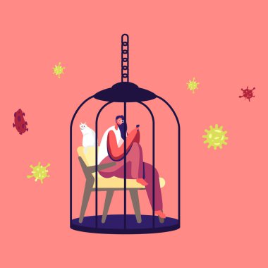 Covid19 Pandemic Karantina Öz İzolasyonu sırasında içinde Akıllı Telefon ve Kediyle Asılı Metal Kuşlar Kafesinde Oturan Kadın Karakteri. Evde Kalın Hayat Kurtarın Konsepti. Çizgi film Vektör İllüstrasyonu