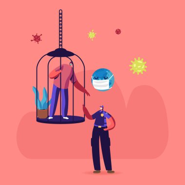 Covid19 Salgın Karantina Kendini İzole Etme sırasında Kuş Kafesi 'nde oturan Polis Uyarı Erkek Karakteri. Polis Devriyesi Virüs Yayılması nedeniyle Evlerinde İnsanları Kontrol Ediyor. Çizgi film Vektör İllüstrasyonu