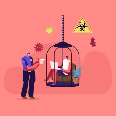 Home Isolation during Bio Hazard Epidemic Spreading Concept. Policeman Character Writing Fine to Man Sitting inside of Cage Working on Laptop, Quarantine Control. Cartoon People Vector Illustration clipart