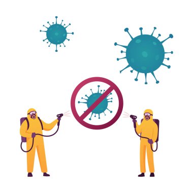 Coronavirus Kirlilik Odası Dezenfeksiyonu. Koruyucu Tehlikeli Madde Giysisi Giyen Minik İnsan Karakteri Dev Covid19 Hücrelere Antibakteriyel Sıvı sıkıyor. Çizgi film Vektör İllüstrasyonu