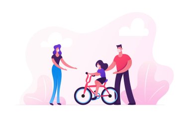Tıbbi Maskeli Ebeveynler, Park 'ta Bisiklete Binmeyi Öğretiyor. Covid19 Salgını sırasında Sokak 'ta Aile Açık Hava Hareketi. Anne, baba ve kız yürüyüşü. Çizgi film İnsanları Vektör İllüstrasyonu