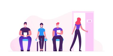 Klinik Koridorunda oturan Hasta Karakterleri Covid19 Test veya Teşhis Sağlığı Tedavisi ya da Danışmanlık için Doktorlarla Randevu Bekliyor. Çizgi film İnsanları Vektör İllüstrasyonu