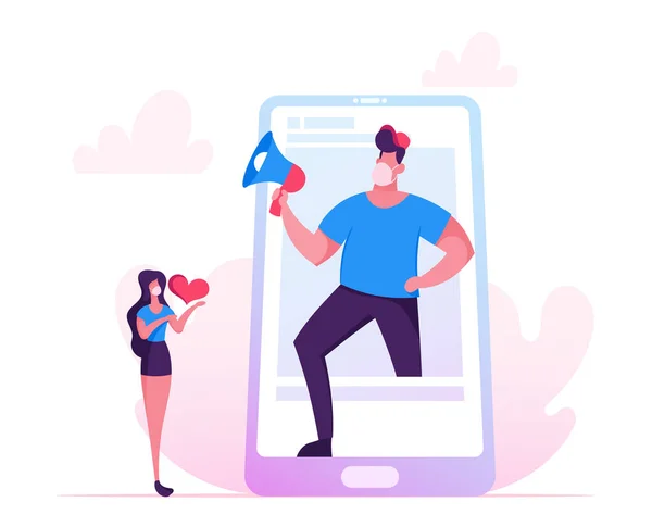 Karakter Blogger Sosial dengan Megaphone di Smartphone Screen Covid19 Pandemic News. Blogging, Media Networking. Man Broadcasting Streaming Video Post, Pengumuman. Ilustrasi Vektor Rakyat Kartun - Stok Vektor