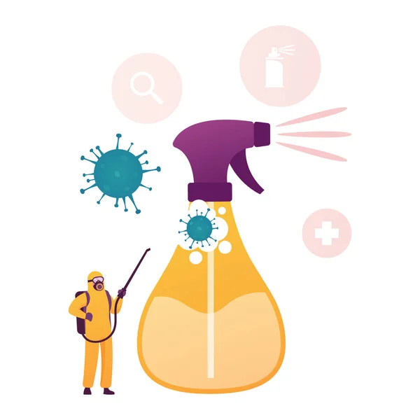 Tiny Human Character Wearing Protective Hazmat Suit Spraying Antibacterial Liquid on Enorme Sprayer with Covid19 Cells Flying around. Disifección de Contaminación por Coronavirus. Ilustración de vectores de dibujos animados — Vector de stock