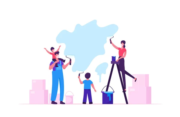 Gezin met kinderen karakters in medische maskers Schilderen Wall Making Renovatie thuis. Ouders en kinderen brengen samen tijd door in New House at Covid19 Quarantaine. Cartoon People Vector Illustratie — Stockvector