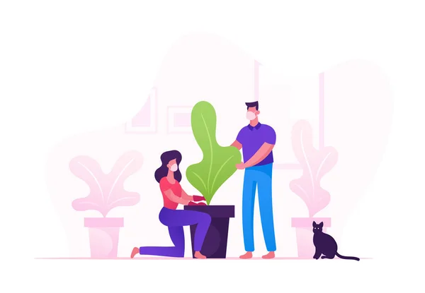 Personagens de casal no cuidado de máscara médica de plantas de casa. Man and Woman Cultivating Potted Plant at Home Gozando de Jardinagem no Isolamento de Quarentena Pandêmica Covid19. Desenhos animados Pessoas Vector Ilustração —  Vetores de Stock