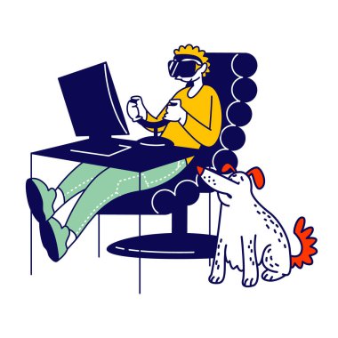 Erkek Oyuncu Karakteri VR gözlükleriyle video oyunu oynuyor. Gelecek Teknoloji Eğlence Endüstrisi. Kumar Bağımlılığı, Kötü Alışkanlık, Sanal Gerçeklik Simülasyon Etkinliği Hobisi. Doğrusal Vektör İllüstrasyonu