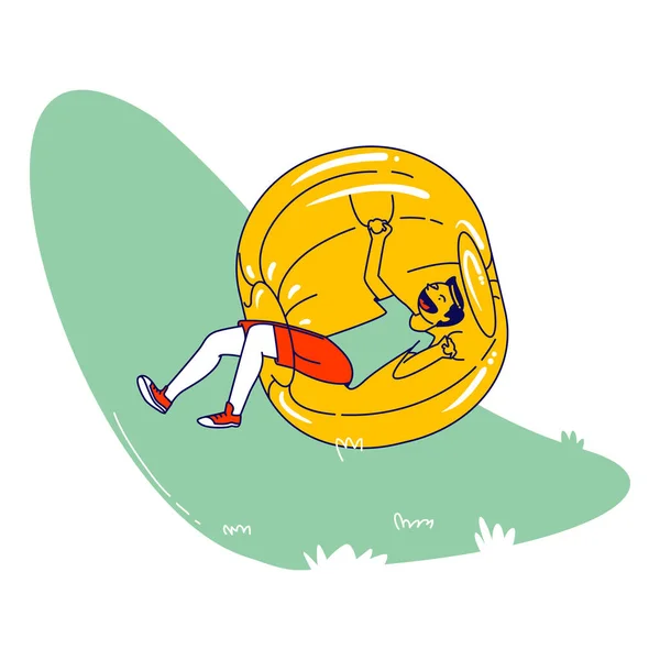 Zorbing Sommerspaß, aktive Erholung und Freizeit. Teen Boy Charakter Rollen innerhalb der Zorb Sphere in Park. Wochenendaktivitäten, Freizeit, Outdoor-Abenteuer, Spiel. Lineare Vektorillustration — Stockvektor