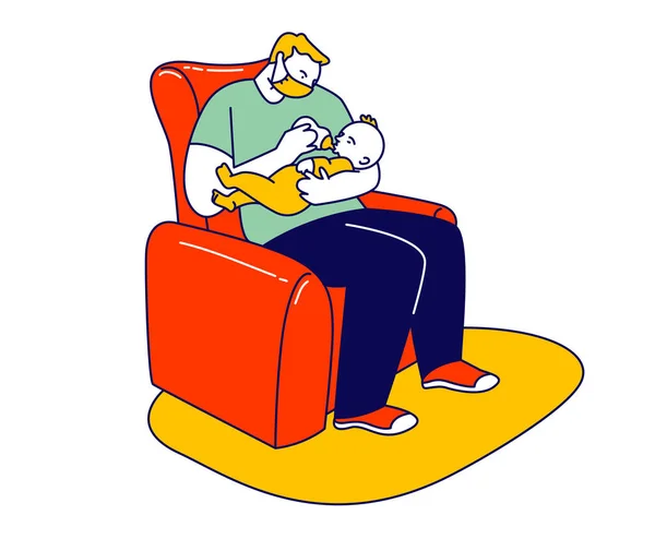 Ο μπαμπάς στην Ιατρική Μάσκα Τροφή Υιός με μπουκάλι κρατώντας το μωρό στα χέρια. Ανύπαντρος Πατέρας Χαρακτήρας Μεγαλώνοντας Παιδί. Πρωινό με τον μπαμπά, οικογένεια σε καραντίνα. Γραμμική απεικόνιση διανυσματικών ατόμων — Διανυσματικό Αρχείο