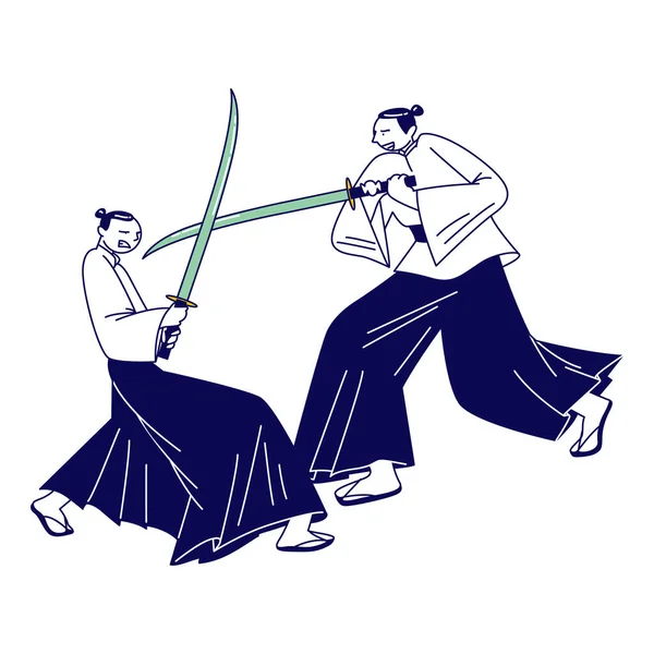 Samurai personajes masculinos con ropa tradicional japonesa luchando en espadas Katana. Oriental Tradition, Ancient Warriors or Actors Performing Show Program. Personas lineales Vector Ilustración — Archivo Imágenes Vectoriales