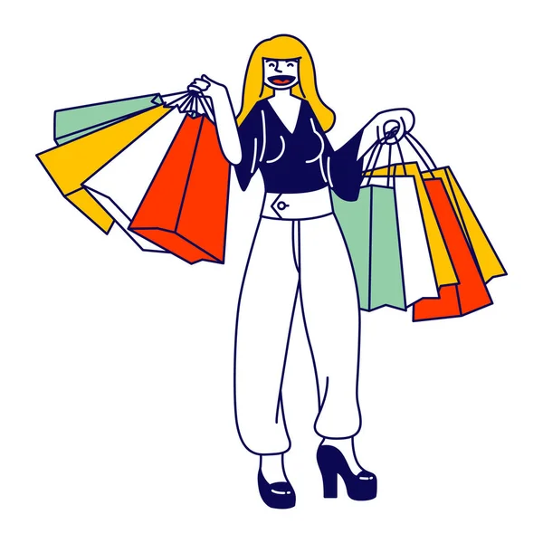 Joven mujer Shopaholic Character Stand con muchas bolsas de compras coloridas en las manos. Chica compradora con mal hábito o adicción haciendo un montón de compras inútiles en el centro comercial o tienda. Ilustración de vectores lineales — Vector de stock
