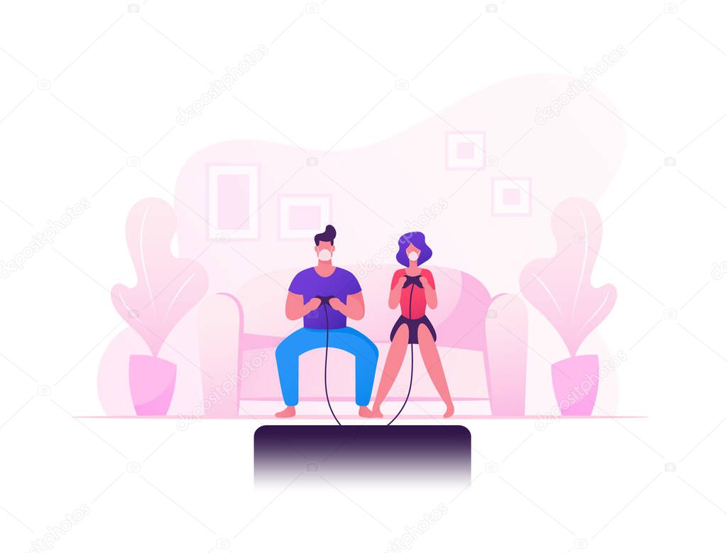 Family Couple Character Playing Computer Games. Man Woman Spare Time, Virtual Reality Addiction. People Spend Free Time during Covid19 Pandemic Quarantine Self Isolation. Cartoon Vector Illustration