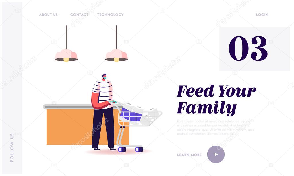 Man Visiting Store for Products Purchase during Covid19 Pandemic Quarantine Landing Page Template. Male Customer Character Stand in Grocery with Toilet Paper in Trolley. Cartoon Vector Illustration