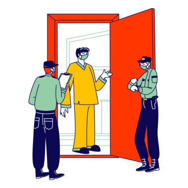 Covid19 Pandemic Karantina Öz İzolasyonu sırasında Polis Karakterleri Adamı Evde Kontrol Ediyor. Karantinaya alınmış tıbbi maske standında polisle konuşun. Doğrusal İnsanlar Vektör İllüstrasyonu