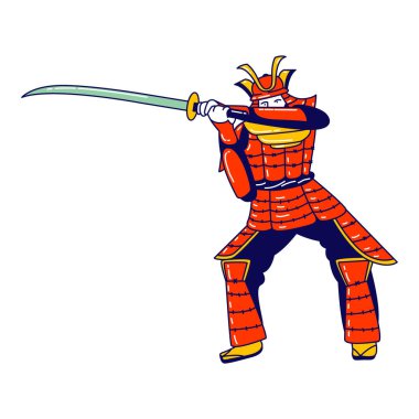 Geleneksel Japon cephaneliği taşıyan Samuray Karakteri Katana Kılıcı ile Beyaz Arkaplanda Ayrı Savaşmaya Hazırlan. Man Solder, Warrior veya Action of Action, Müze. Doğrusal Vektör İllüstrasyonu
