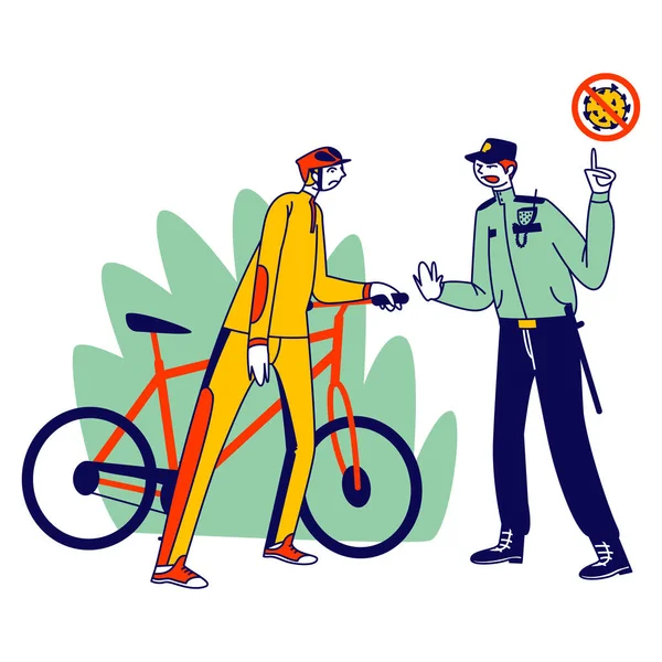 Quarantine Control Concept. Sportsman Character Violate Curfew, Self Isolation Regime, Policeman Warn Bicyclist in Park Checking Digital Pass during Covid19 Pandemic. Linear People Vector Illustration — Stock Vector