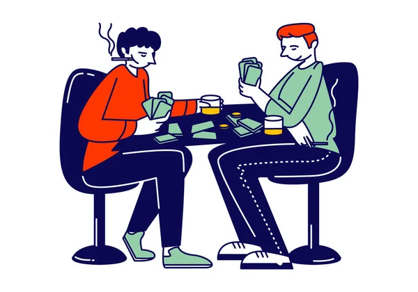 Άνδρες με κάρτες στα χέρια που κάθονται στο τραπέζι με ποτά αλκοόλ. Οι αρσενικοί χαρακτήρες έχουν κακές συνήθειες και εθισμός παίζοντας το παιχνίδι αναψυχής δραστηριότητα, τα τυχερά παιχνίδια. Γραμμική απεικόνιση διανυσματικών ατόμων — Διανυσματικό Αρχείο