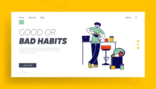 Man karakter hebben cafeïne verslaving, slechte Habit Landing Page Template. Jongeman staan op Kitchen Holding Cup in handen gieten koffie met veel vieze mokken rond thuis. Lineaire vectorillustratie — Stockvector