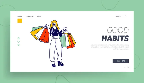 Chica compradora con mal hábito o adicción haciendo muchas compras inútiles en el centro comercial o en la plantilla de landing page de la tienda. Joven carácter Shopaholic Mujer con muchas bolsas de compras. Ilustración de vectores lineales — Vector de stock