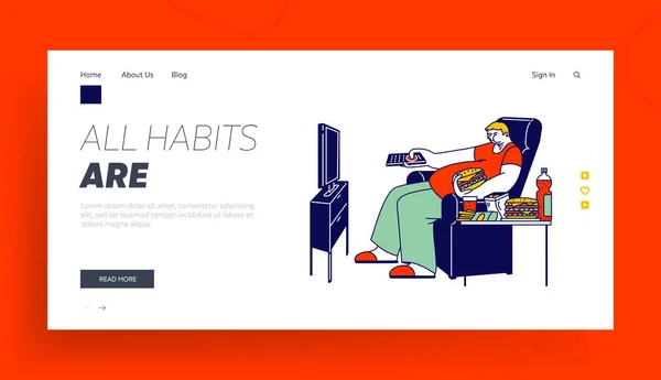 Ungesunde Ernährung schlechte Gewohnheit Landing Page Template. Fat Man Character Sitzen Sie auf Sesseln mit Fast Food enthalten Kohlenhydrate und Öle, Fastfood Addiction Watch TV, Fettleibigkeit. Lineare Vektorillustration — Stockvektor