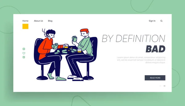 Gokken Game Vrije tijd Activiteit Landing Page Template. Roken Mannen met kaarten zitten aan tafel met alcohol dranken. Mannelijke karakters Slechte gewoonten en spelen verslaving. Lineaire People Vector Illustratie — Stockvector