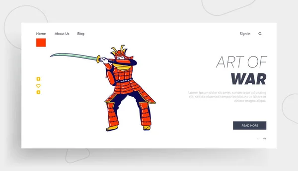 Man Japanse soldaat, krijger of acteur in actie, Museum Landing Page Template. Samurai Karakter Dragen Traditionele Japanse Ammo Stand met Katana Zwaard Bereid je voor om te vechten. Lineaire vectorillustratie — Stockvector