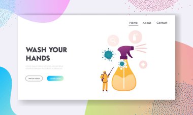 Coronavirus Dezenfekte İniş Sayfası Şablonu. Koruyucu Giyside Minik İnsan Karakteri Dev Spreye Anti Bakteriyel Sıvı Spreyi Etrafa uçuşan Covid19 Hücrelerle Spreliyor. Çizgi film Vektör İllüstrasyonu