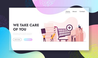 Tedarik İniş Sayfa Şablonu. Tiny Shopping Trolley, Calculator ve Pen Make Deal ile Küçük İş Karakterleri Satın Alma Süreci. Çizgi film İnsanları Vektör İllüstrasyonu