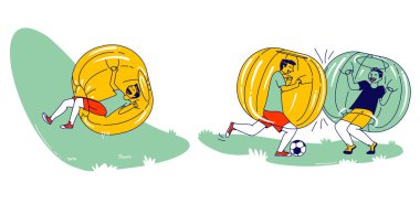 Boys Characters Having Fun Zorbing Recreation. Group of Teenagers Playing Soccer and Spending Time Outdoors inside of Zorb Balls. Summertime Activity Sport and Relax. Linear People Vector Illustration clipart