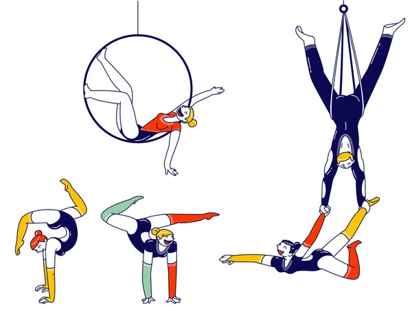 Герои гимнастики, исполняющие элементы художественной гимнастики с обручем и воздушным шелком. Девушки и мужчина в костюмах танцуют на цирковой сцене или на спортивных соревнованиях. Вектор линейных людей — стоковый вектор