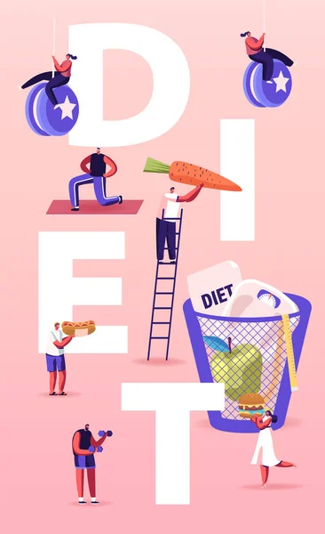 Concept de régime. Caractères minuscules appréciant la malbouffe malsaine. People Healthy Lifestyle, Manger Fast Food. L'homme jette des poids et des carottes dans la poubelle Affiche Brochure de bannière. Illustration vectorielle de bande dessinée — Image vectorielle