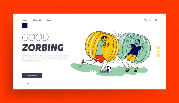 Competição Escolar, Fun Sport Recreation, Summer Relax Landing Page Template. Personagens adolescentes jogando futebol em Zorb Balls. Rapazes a jogar Zorbing Football. Ilustração vetorial de pessoas lineares —  Vetores de Stock