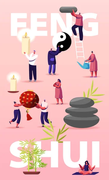 Концепция восточной философии домашнего декора. Feng Shui Consultant Characters Rearrange Space for Positive Energy Flow, Tiny People Decorating Interior Poster Flyer. Вектор мультипликации — стоковый вектор