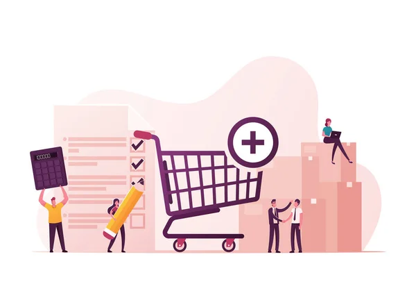 Procurement Process of Purchasing Goods or Services with Tiny Male and Female Business Characters with Huge Shopping Trolley, Calculator and Pean Making Deal. Cartoon People Vector Illustration — Stock Vector