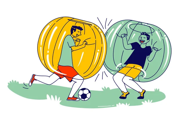 Подростковые персонажи, играющие в футбол внутри Zorb Balls. Мальчики бегают по зеленому полю, играют в Зорбинг футбол. Школьные соревнования, спортивный отдых, летний отдых. Вектор линейных людей — стоковый вектор