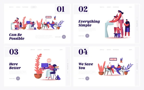 Inicio Cuarentena Landing Page Template Set. Caracteres Aislamiento por Covid19 Pandemia. Educación Escolar Remota, Trabajo a Distancia Freelancer. La gente se lava las manos, usa máscaras. Ilustración de vectores de dibujos animados — Vector de stock