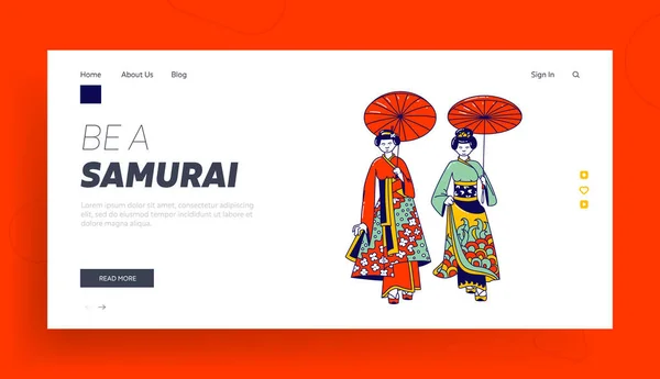 Geisha Women Landing Page Template. Vrouwelijke personages in traditionele Japanse jurken, kapsel, make-up en paraplu wandelen samen, Aziatische Kimono Fashion. Lineaire People Vector Illustratie — Stockvector