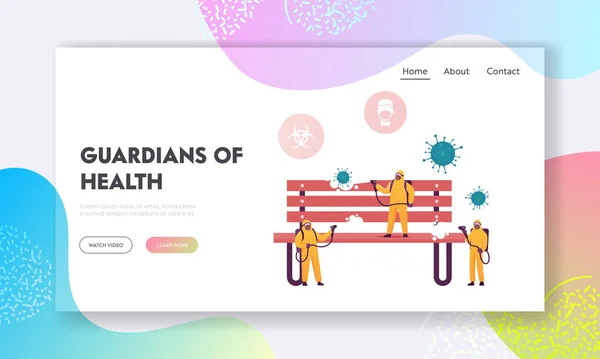 Contagious Virus Infection Spreading Prevention Landing Page Template. .Tiny Characters in Protective Suit Spraying Antibacterial Disinfectant on Huge Bench in Park. Cartoon People Vector Illustration — Stock Vector