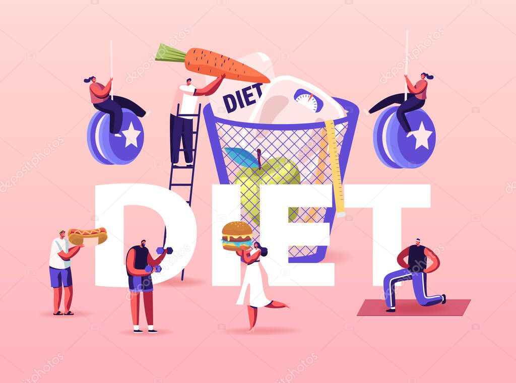 Diet Concept. Tiny Characters Enjoying Unhealthy Junk Food. People Healthy Lifestyle, Eating Fast Food. Man Throw Weights and Carrot into Litter Bin Poster Banner Flyer. Cartoon Vector Illustration