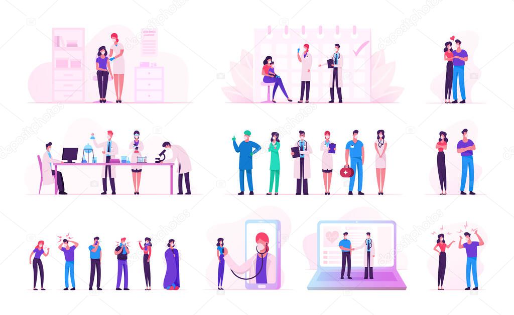 Set of Male and Female Characters during Covid19 Pandemic and Coronavirus Quarantine Self Isolation. Doctors Searching Vaccine in Laboratory, Couple Love and Fight. Cartoon People Vector Illustration
