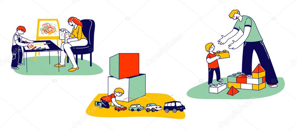 Autism Concept. Little Children Characters with Mental Disorder Boy Building Tower of Constructor Blocks, Playing with Cars. Kid Exercising with Tutor or Teacher. Linear People Vector Illustration