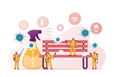 People in Hazmat Protective Suits Cleaning or Disinfecting Coronavirus Cells. Tiny Characters Spraying Disinfectant on Huge Bench in Park during Worldwide Covid19 Pandemic. Cartoon Vector Illustration clipart