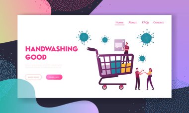 Dükkan Dezenfeksiyonu, Müşteriler Mağaza İniş Şablonu 'nu Ziyaret Ediyor. Coronavirus salgını sırasında Büyük Alışveriş Tramvayı Temizleme Dükkanı Teçhizatı 'nın küçük karakterleri. Çizgi film İnsanları Vektör İllüstrasyonu