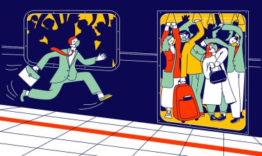 Tıbbi Maskeli Adam Rushtime 'daki Kalabalık Tren Platformu' nda koşuyor. Rush Hour 'da metro istasyonunda birbirini iten insanlar. Covid19 Salgını. Doğrusal Vektör İllüstrasyonu