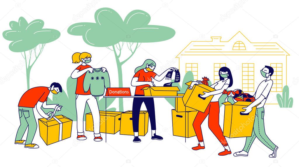 Donation and Charity during Covid19 Pandemic. Volunteers Characters in Medical Masks Bringing Boxes with Clothes for Poor Homeless People in Complicated Life Situation. Linear Vector Illustration