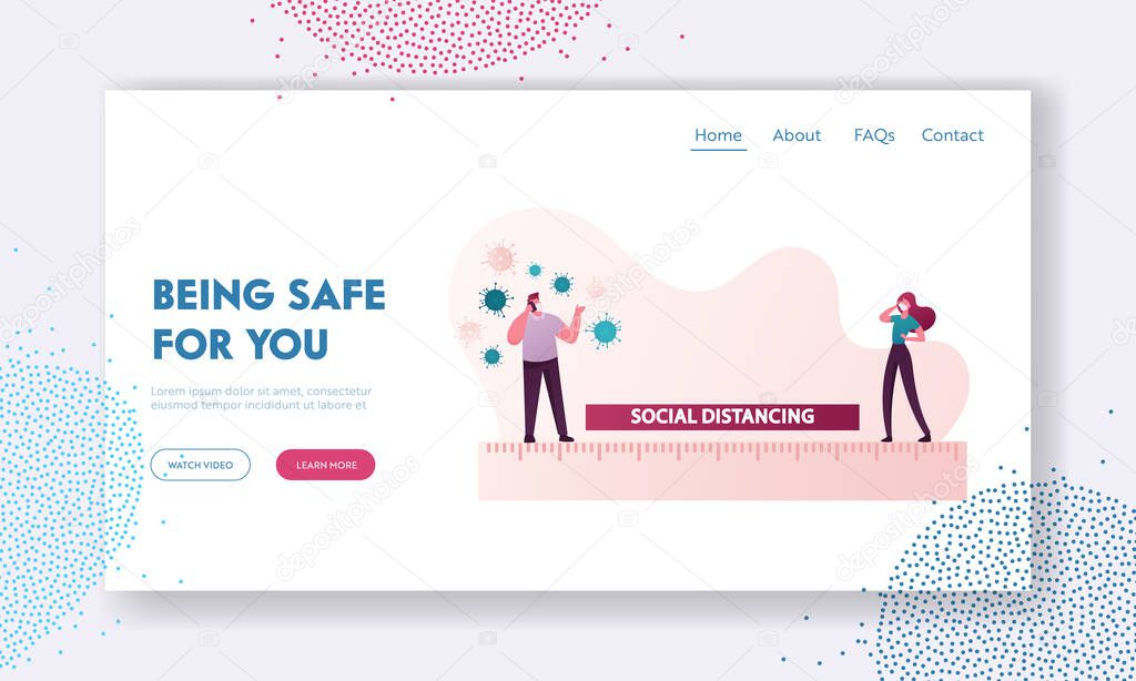 Social Distancing Landing Page Template. People Keep Distance in Public Protect from Covid-19 Outbreak Spread. Characters in Masks Stand on Ruler with Germs around. Cartoon People Vector Illustration