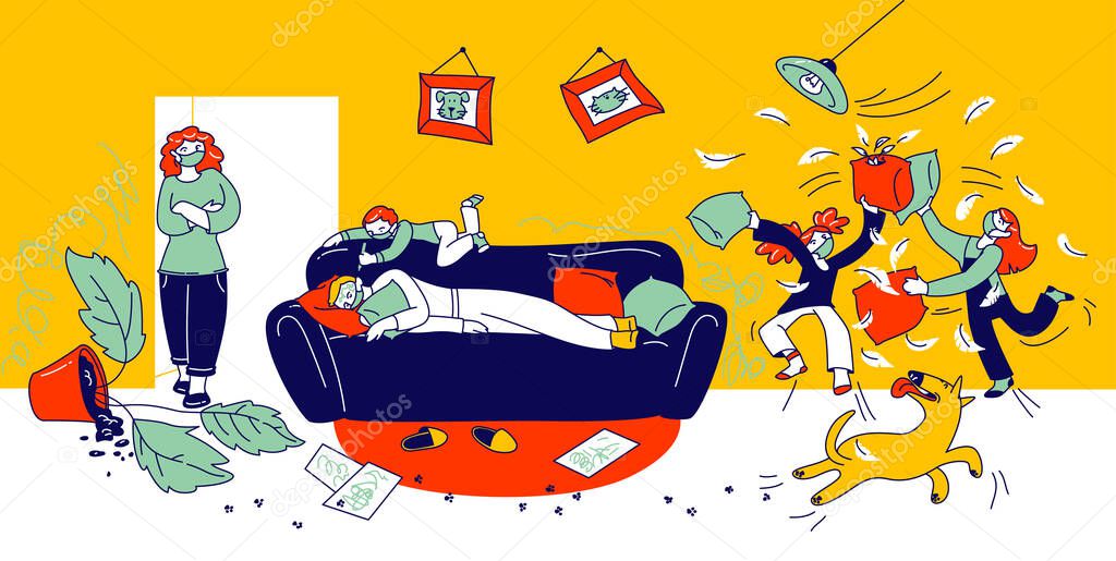 Naughty Children Characters Fighting, Playing and Making Mess around Sleeping Father at Quarantine Covid 19 Isolation. Kids Fooling and Fight Pillows, Bad Behaviour. Linear People Vector Illustration