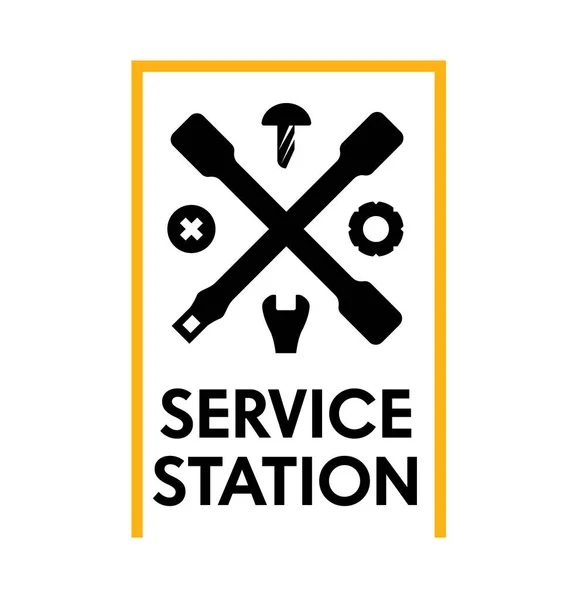 Service Station Banner with Instruments. Car Repair Poster, Tire Mounting. Auto Mechanic Center with Vehicle Parts in Garage Design Concept. Auto Maintenance and Improverment. Vector Illustration Icon — Stock Vector